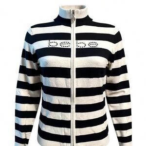 Bebe Cardigan size L rhinestone logo vintage Euc black and white stretch fitted